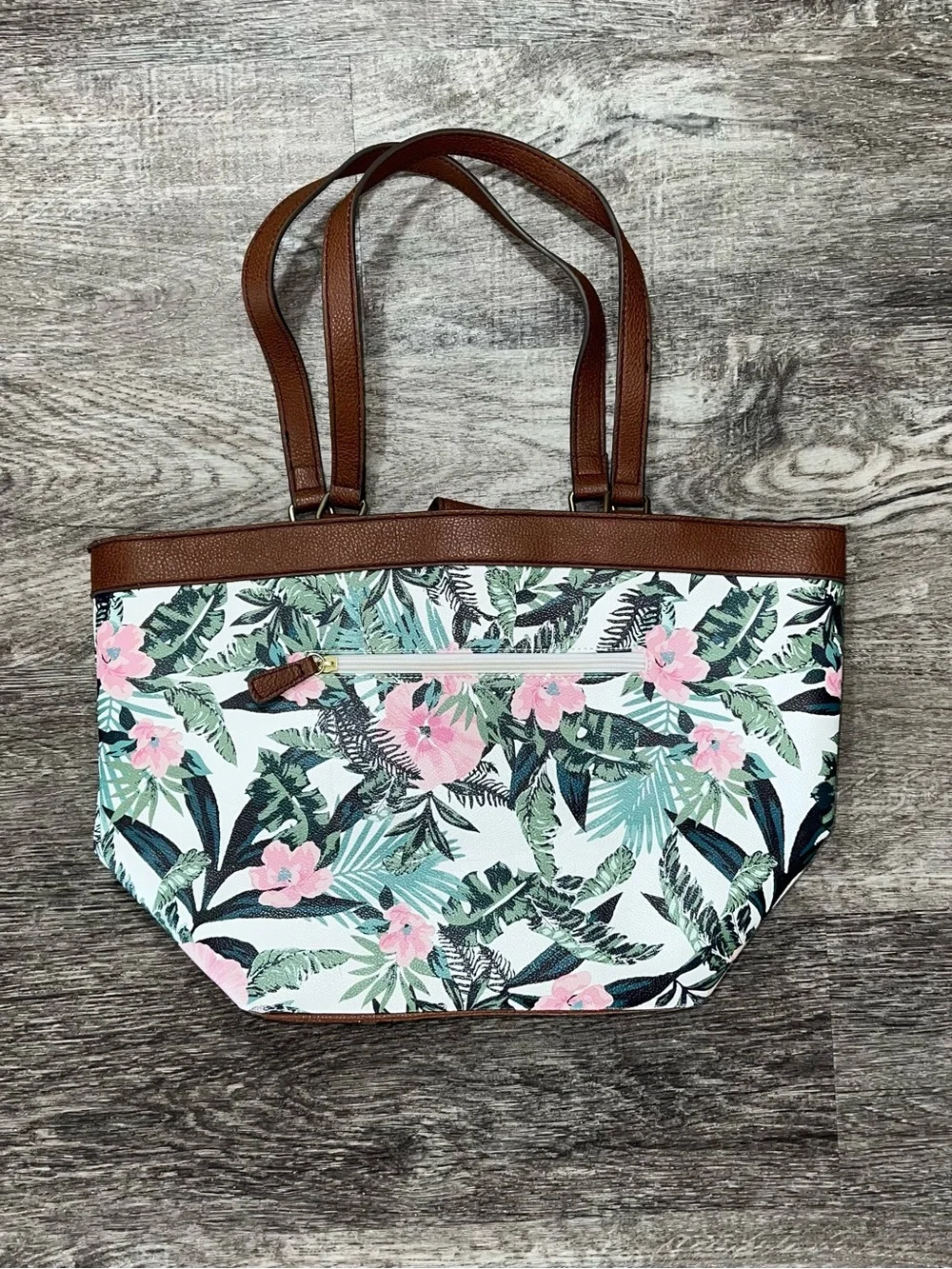 Liz Claiborne Floral and Tropical Leaf Print Pink and Green Tote Bag